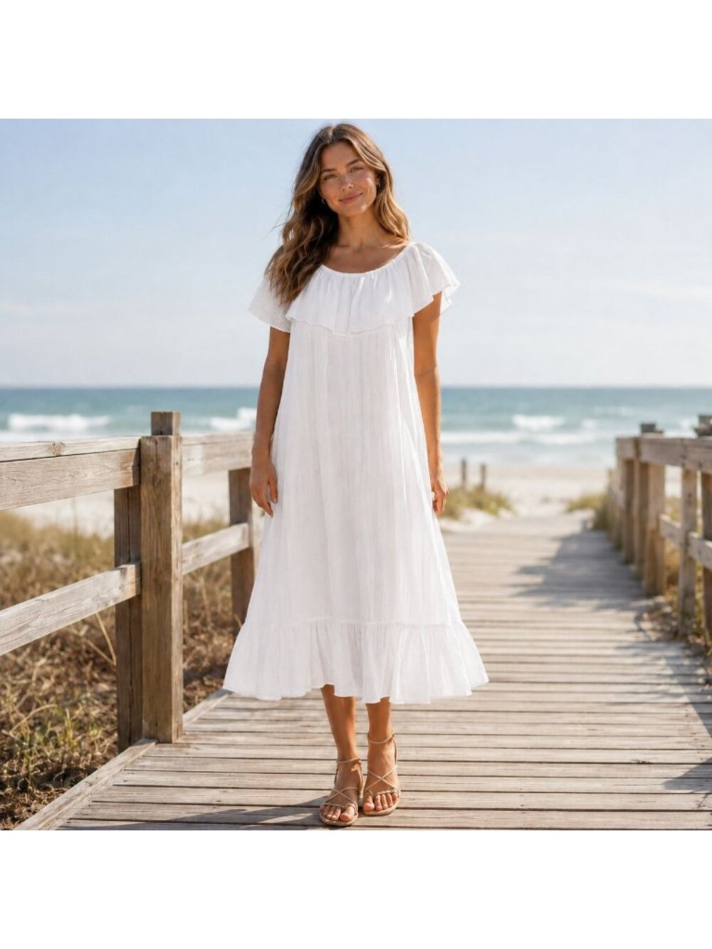 Sapphira Women’s White Ruffle Off Shoulder Boho Midi Dress Size S